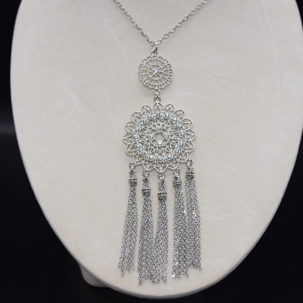 I.N.C. Crystal Filigree Disc/Chain Tassel Pendant